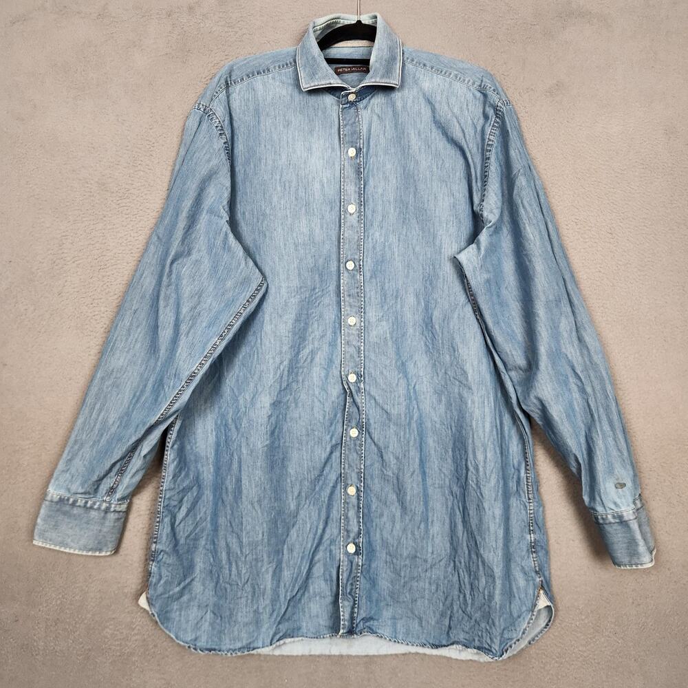 Peter Millar Shirt Mens LT Blue Denim Long Sleeve Button Up Made Portugal Cotton